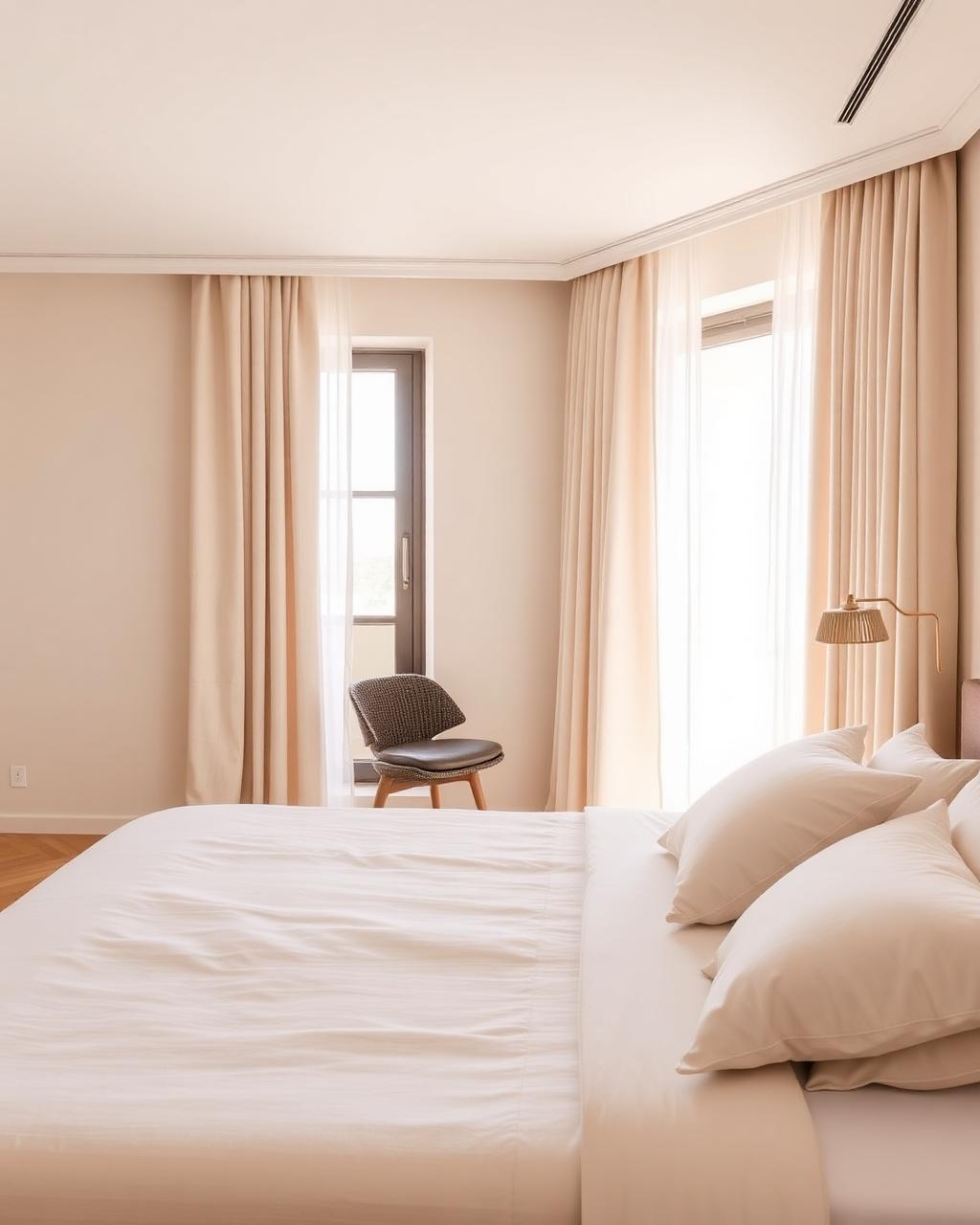 Chambre minimaliste lumineuse avec linge de lit haut de gamme